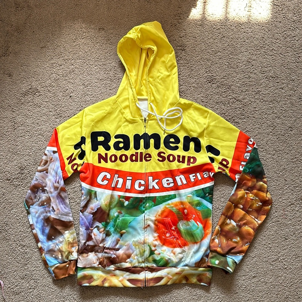 novelty Ramen noodle soup, chicken flavor hoodie, men’s, long sleeve, zip up